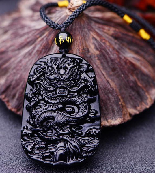 Natural Black Obsidian Carved Dragon Pendant