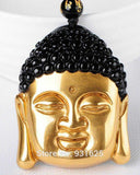 Beautiful Natural Black Obsidian Carved Gold Chinese Buddha Head Amulet
