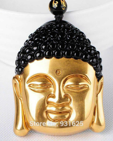 Beautiful Natural Black Obsidian Carved Gold Chinese Buddha Head Amulet