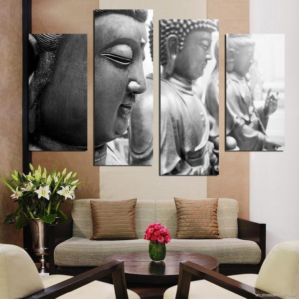 4 Piece Black White Buddha Face Canvas