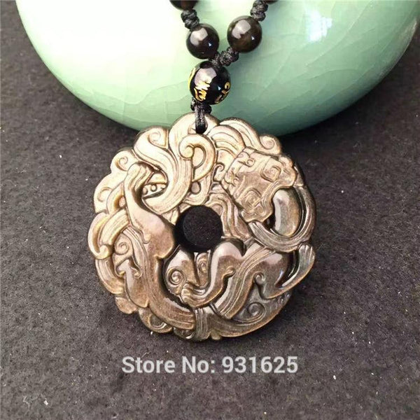 Beautiful Natural Gold Obsidian Hand Carved Chinese Dragon Amulet