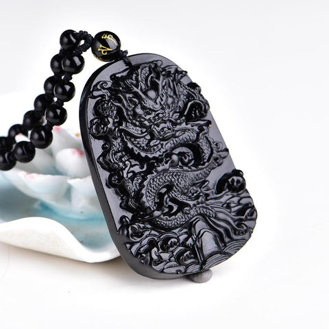 Natural Black Obsidian Carved Dragon Pendant