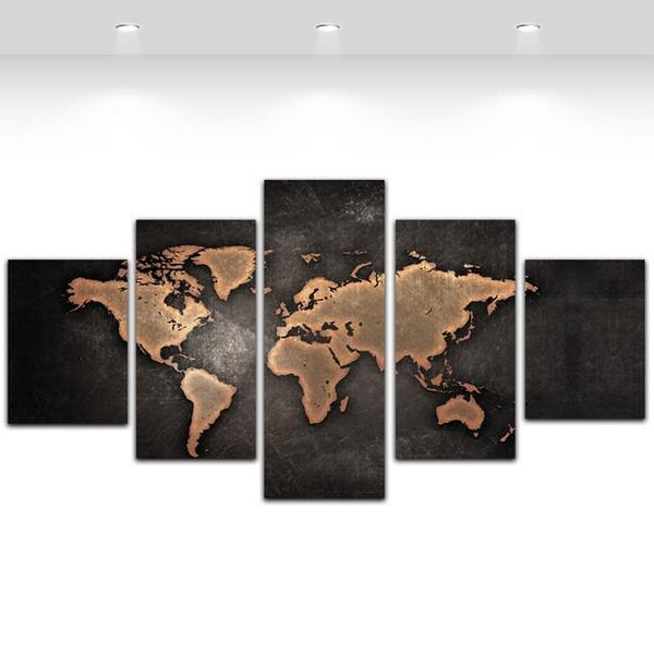 5 Pieces Buddha Canvas Wall Art Vintage Black World Map Print Painting
